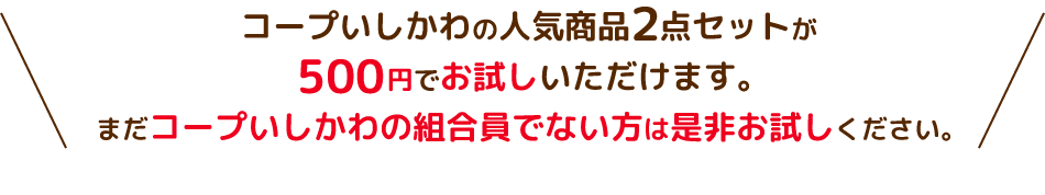 コープいしかわの人気商品2点セットが500円でお試しいただけます。まだコープいしかわの組合員でない方は是非お試しください。