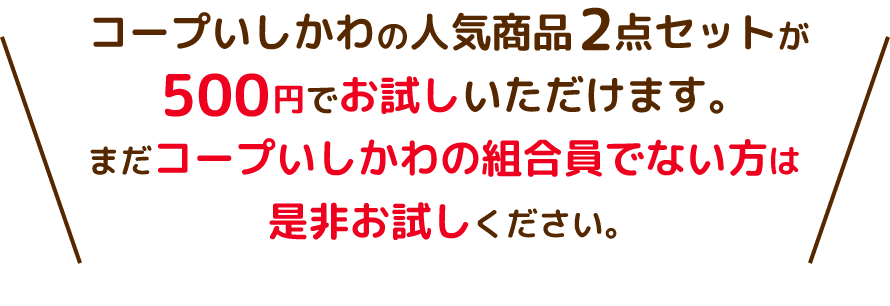 コープいしかわの人気商品2点セットが500円でお試しいただけます。まだコープいしかわの組合員でない方は是非お試しください。